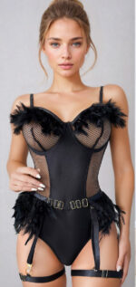 Plume Trim Faux Leather Garter Teddy
