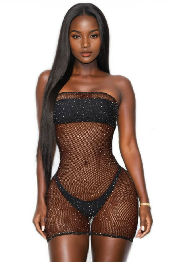 Red Strapless Mesh Rhinestone Chemise