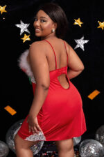 Santa Red Holiday Lace Chemise with Faux Fur Trim