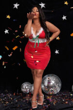 Santa Red Holiday Lace Chemise with Faux Fur Trim