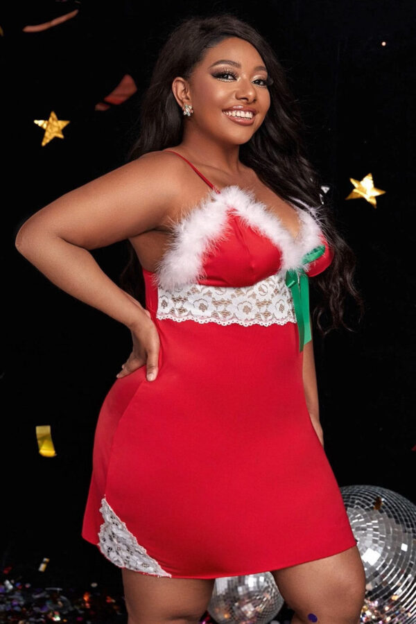 Santa Red Holiday Lace Chemise with Faux Fur Trim
