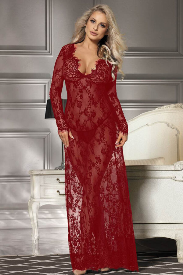 Floor-Length Lace V-Neck Sheer Gown