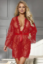 Black Eyelash Lace Deep V Robe With Panties