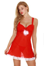 Red Santa-Themed Feather-Accent Chemise