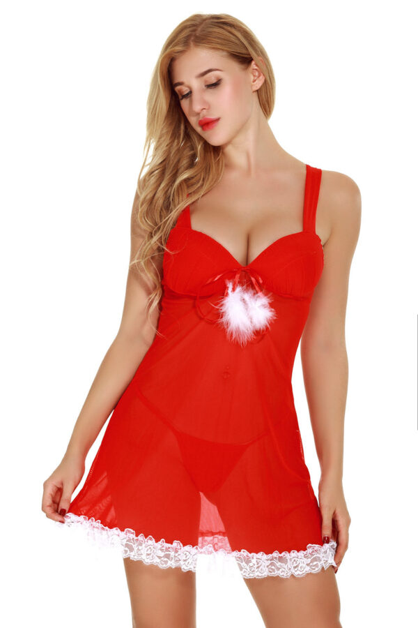 Red Santa-Themed Feather-Accent Chemise