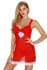 Red Santa-Themed Feather-Accent Chemise