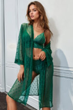 Black French Dot Mesh Robe & Lace Bra Set