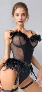 Plume Trim Faux Leather Garter Teddy