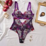 Colorful Floral Lace Embroidered Sheer Mesh Teddy Lingerie