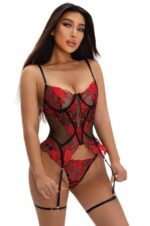 Red Black Floral Lace Corset Teddy