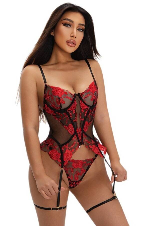 Red Black Floral Lace Corset Teddy