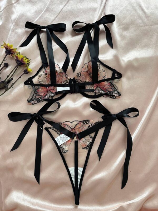 Romantic Butterfly Embroidered Tie-Strap Lingerie Set