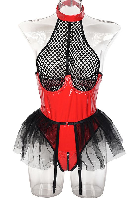 Edgy Black Patent Leather Chain Fishnet Bodysuit