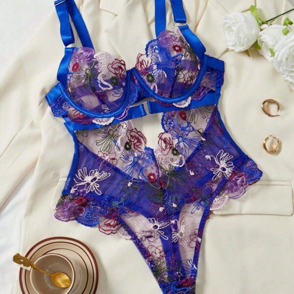 Colorful Floral Lace Embroidered Sheer Mesh Teddy Lingerie