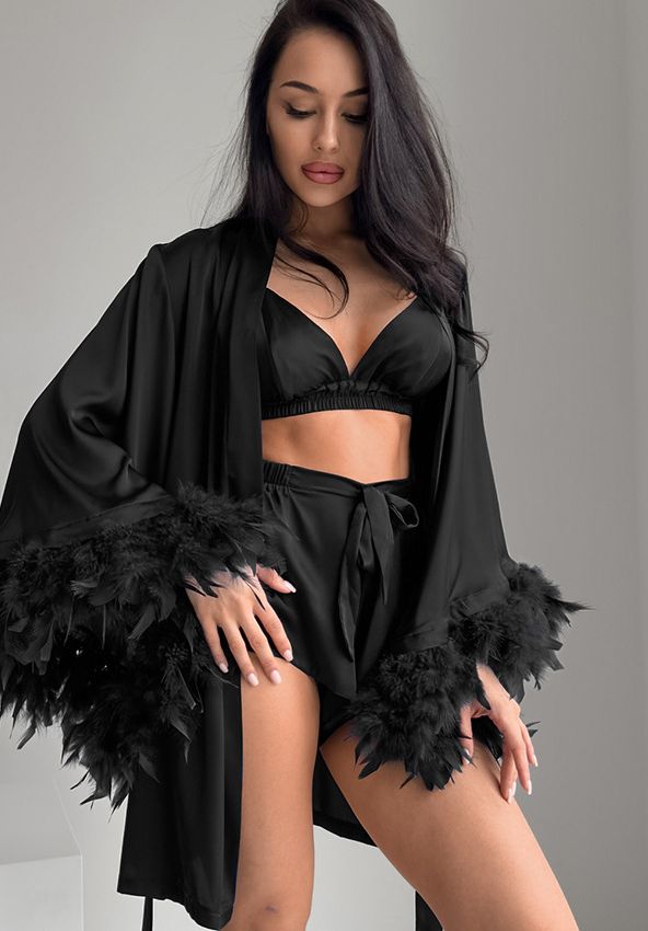 Midnight Sapphire Feather Satin Robe
