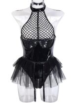 Edgy Black Patent Leather Chain Fishnet Bodysuit