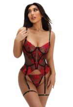 Red Lace Ruffle Mesh Corset Teddy