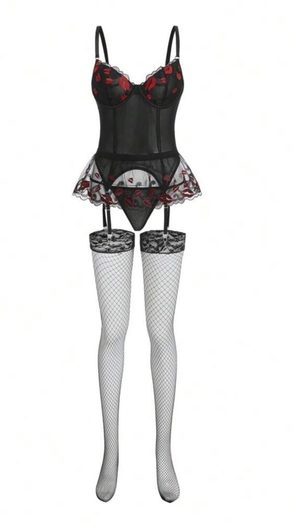 Red Lip Embroidered Mesh Teddy