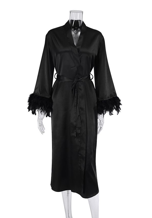 Bridal White Satin Feather Trim Long Robe