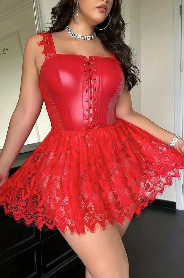 Plus Size Red Leather & Lace Corset Mini Dress