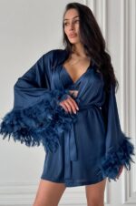 Midnight Sapphire Feather Satin Robe