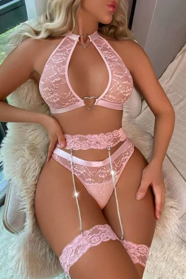 Pink Allure High Neck Lace & Garter Set