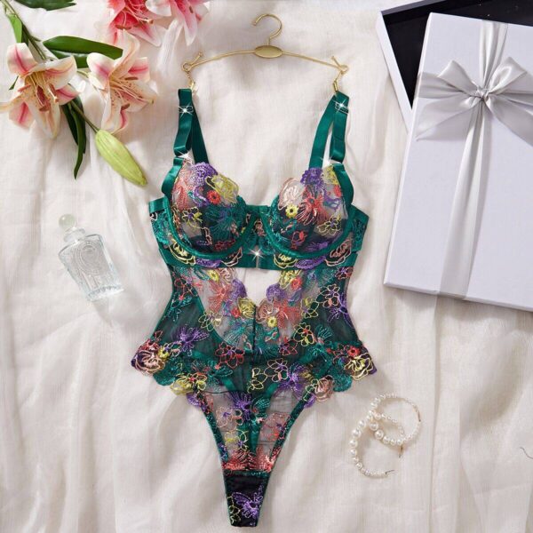 Colorful Floral Lace Embroidered Sheer Mesh Teddy Lingerie