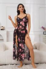 Floral Mesh Sheer Nightdress with High Slits