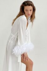 Bridal White Satin Feather Trim Long Robe