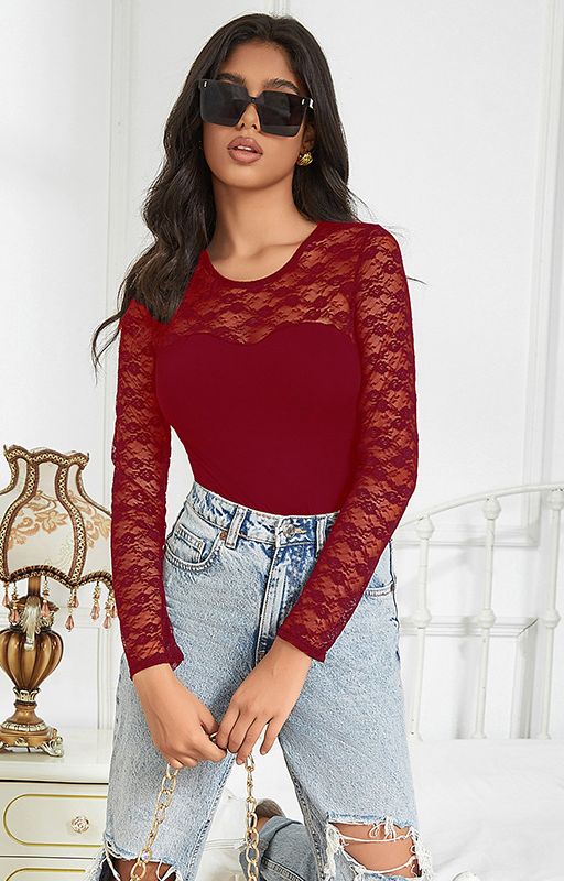 Black Lace Long Sleeve Sweetheart Neck Bodysuit