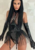 Edgy Black Patent Leather Chain Fishnet Bodysuit