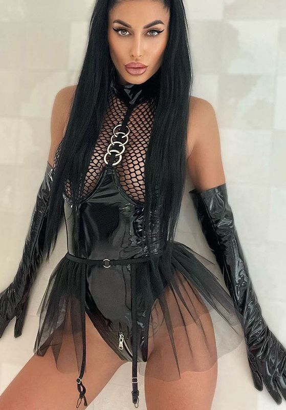 Edgy Black Patent Leather Chain Fishnet Bodysuit