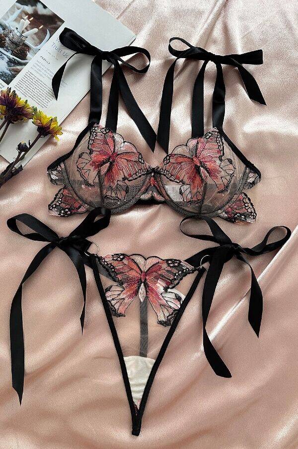 Romantic Butterfly Embroidered Tie-Strap Lingerie Set