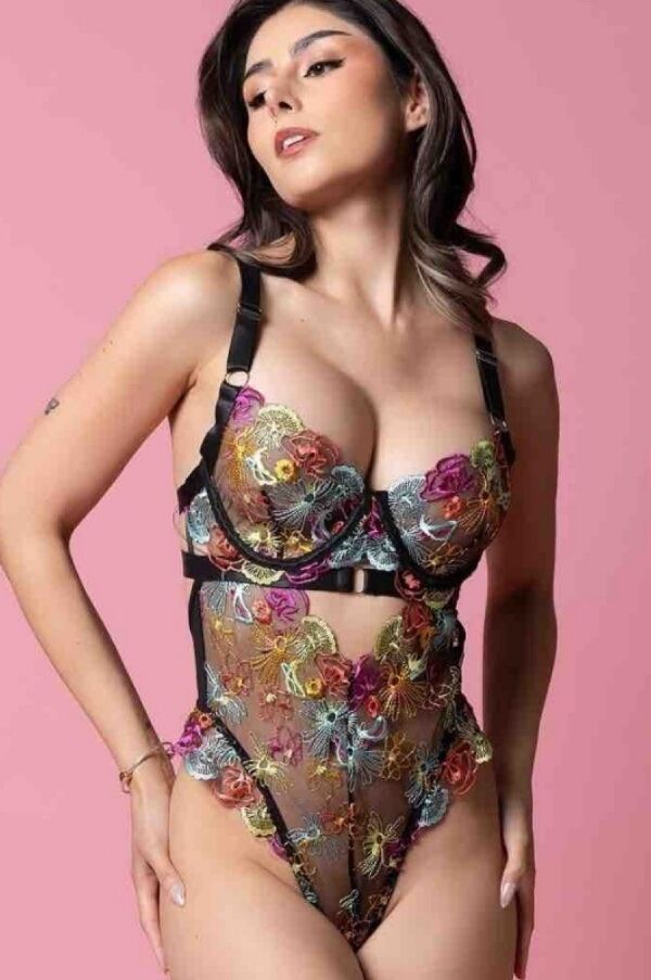 Colorful Floral Lace Embroidered Sheer Mesh Teddy Lingerie