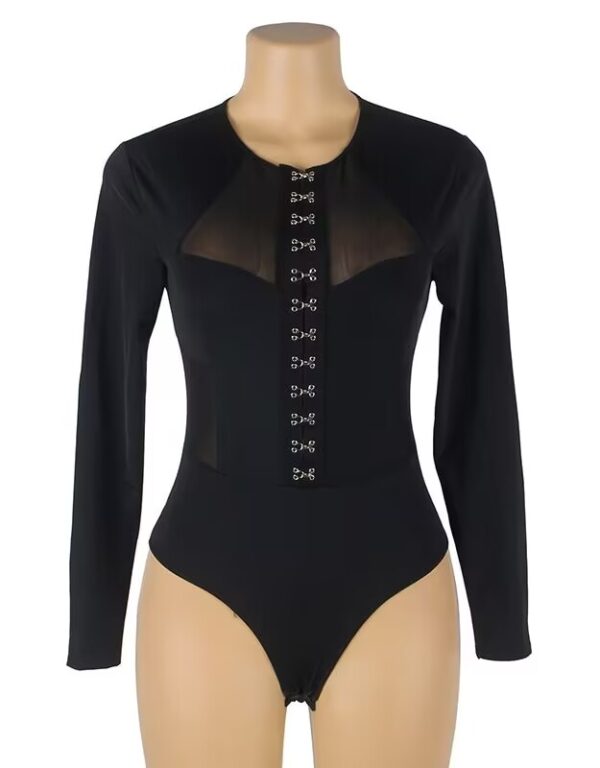 Black Mesh Lace-Up Long Sleeve Bodysuit