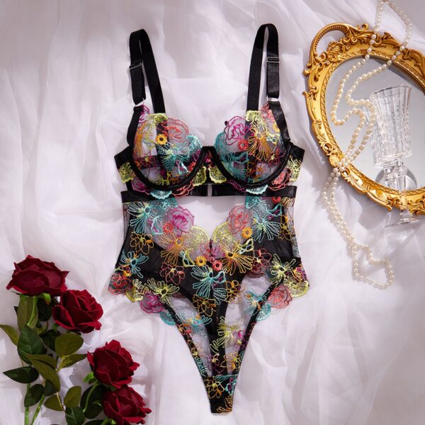 Colorful Floral Lace Embroidered Sheer Mesh Teddy Lingerie