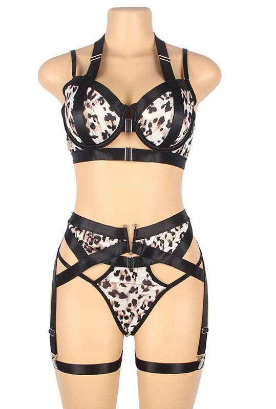 Leopard Print Strappy Harness Lingerie Set