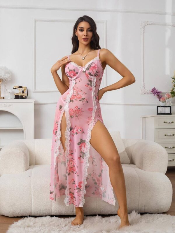 Floral Mesh Sheer Nightdress with High Slits