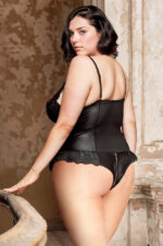 Plus Size Lace-Trimmed Faux Leather Zipper Teddy