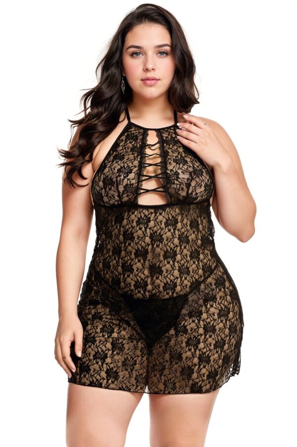 Plus Size Sheer Daisy Lace Halter Dress