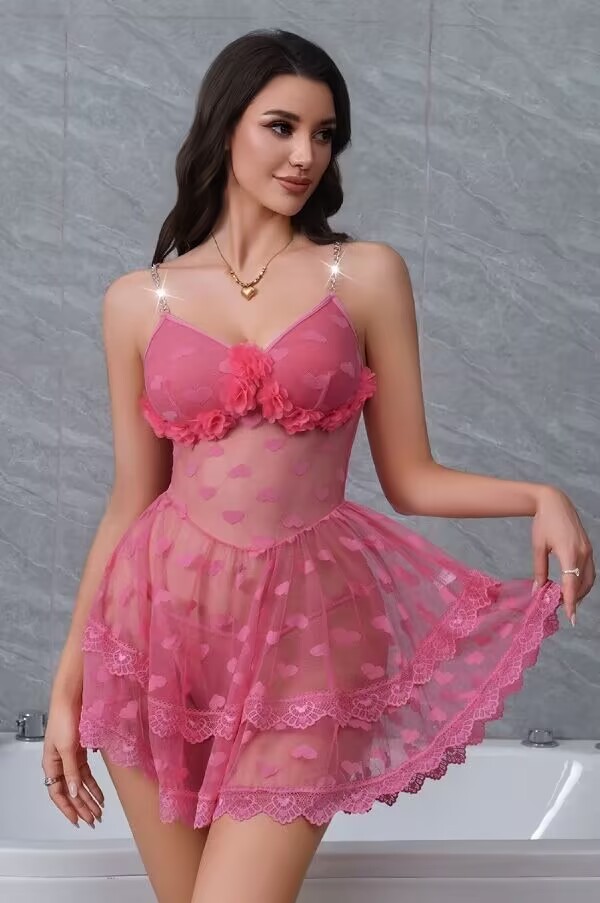 Hot Pink Heart Mesh Babydoll