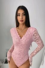 Pink Floral Lace Long Sleeve Bodysuit