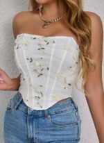 White Floral Embroidered Strapless Corset