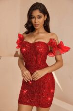 Red Sequin Off-Shoulder Ruffle Bodycon Mini Dress