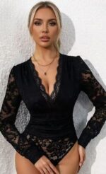 Lace Long-Sleeve V-Neck Teddy Bodysuit