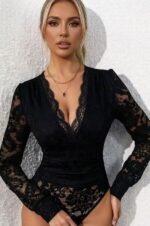 Lace Long-Sleeve V-Neck Teddy Bodysuit