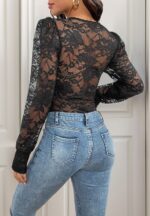 V-Neck Button-Front Lace Sleeve Bodysuit
