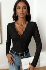 Lace Scalloped V-Neck Long Sleeve Bodysuit