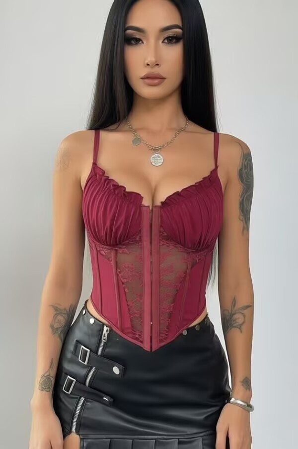 Wine Red Satin-Lace Corset Top