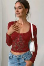 Burgundy Lace Sweetheart Neck Crop Top